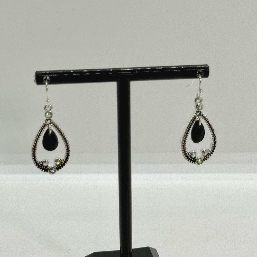 Ear Sense Silver Tone Black Teardrop AB Rhinestone Hypoallergenic Earrings NEW - Picture 4 of 6